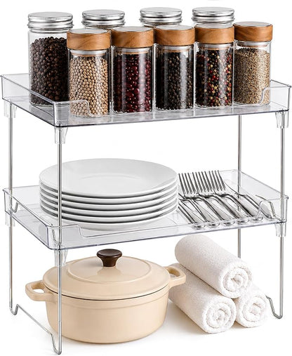 Masirs Clear Stackable Shelf, Easily Organize Your Kitchen Counter and Cabinet Shelves While Creating Extra Storage Space with This Foldable Translucent Plastic Shelf, (2-Pack)