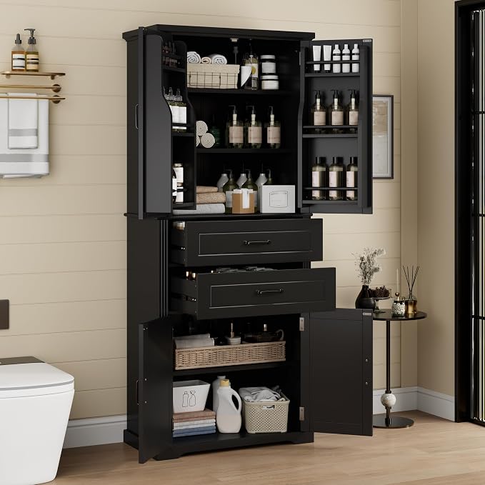 Storage Cabinet,Tall Freestanding Cabinet with Adjustable Shelf | Tall storage cabinet, 4-door design, 5+ shelves, upper door shelves, and 2 pull-out compartments for organized storage