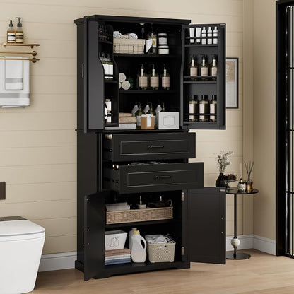Storage Cabinet,Tall Freestanding Cabinet with Adjustable Shelf | Tall storage cabinet, 4-door design, 5+ shelves, upper door shelves, and 2 pull-out compartments for organized storage