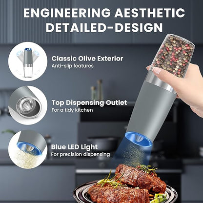 UNNEES Gravity Electric Salt and Pepper Grinder set of 2, Automatic Salt And Pepper Grinder Set, Adjustable Roughness, Battery Powered, LED Light, 2 Pack, (Light Grey)