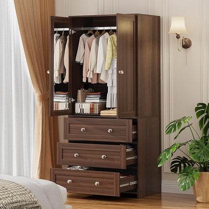 VOWNER Armoire Wardrobe Closet with Drawers and Mirror, 71" Clothing Storage Cabinet with Hanging Rod, 2 Doors Wooden Wardrobe Cabinet for Bedroom, Large Capacity Storage