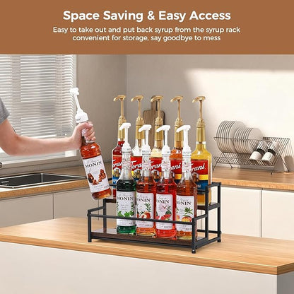 Coffee Syrup Rack Organizer, 2-Tier 10 Syrup Bottles Holder Stand for Coffee Bar, Liquor Bottle Display Shelf Bar Shelf Stand Countertop Rack for Syrup, Wine, Spice