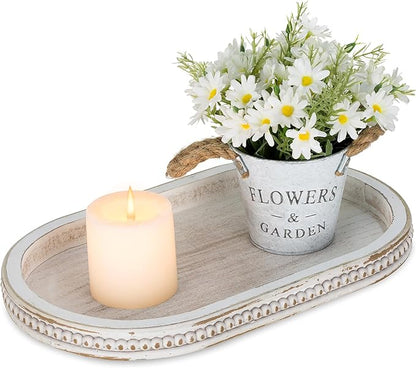 Hanobe Decorative Trays for Coffee Table : White Oval Centerpiece Tray Wood for Farmhouse Entry Table Decor Round Bathroom Tray for Living Room Kitchen Counter