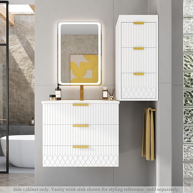 12 Inch Floating Bathroom Side Cabinet, Wall Mounted Bathroom Storage Cabinet with 3 Drawers, Modern Slim Organizer with Decor Line, Gold Metal Pulls