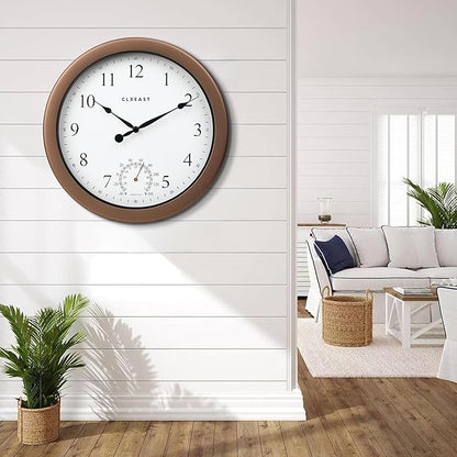 CLXEAST 10.4 Inch Indoor Outdoor Clocks Waterproof,Outdoor Clock with Temperature for Bathroom,Kitchen, Patio,Pool,Bronze/Dark Brown Finish,House Warming Gifts New Home