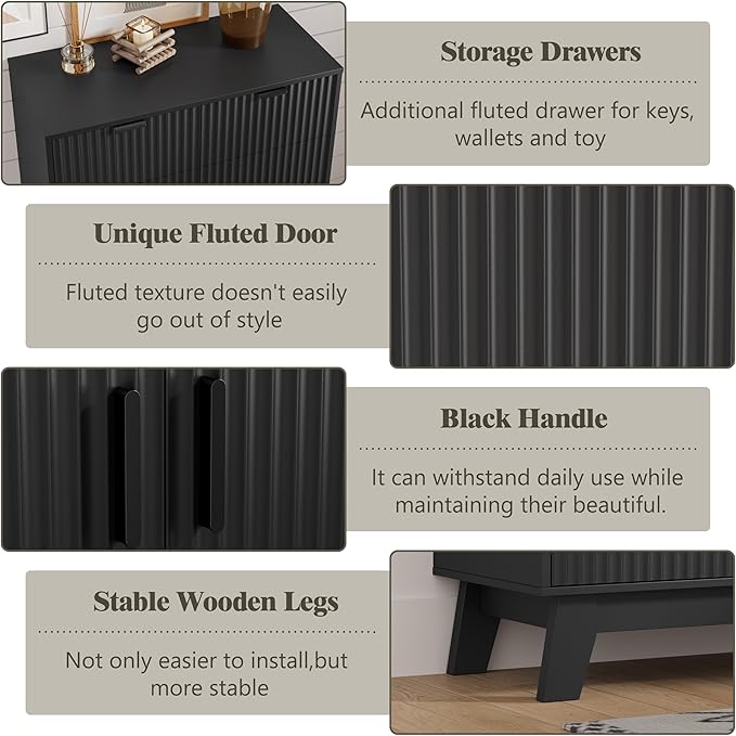 Shoe Cabinet Storage for Entryway, 4 Tier Fluted Shoe Storage Cabinet with 2 Drawers, Narrow Hidden Shoe Organizer with Adjustable Shelves, Freestanding Shoe Rack for Entryway, Hallway, Black