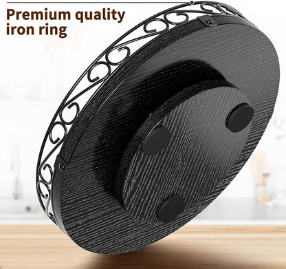 Yoobure 12" Lazy Susan Turntable for Cabinet - Farmhouse Wooden Round Tray for Table Top, 360° Rotating Lazy Susans Counter Organizer with Patterned Raised Edge for Kitchen Dining Table Decor, Black