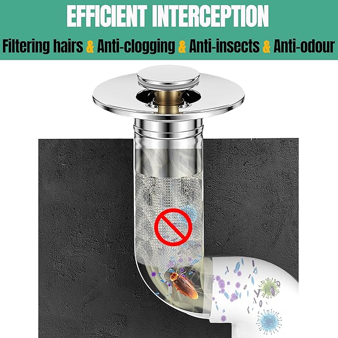 Bathroom Sink Drain Stopper for US Universal Replacement, Pop Up Drain for Bathroom Sink with Stainless Steel Filter Basket Hair Catcher, Sink Drain Strainer for 1.1-1.45 Inch