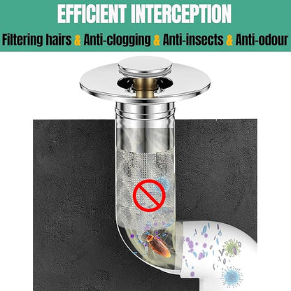 Bathroom Sink Drain Stopper for US Universal Replacement, Pop Up Drain for Bathroom Sink with Stainless Steel Filter Basket Hair Catcher, Sink Drain Strainer for 1.1-1.45 Inch