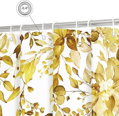 Gibelle Long Shower Curtain 72 x 78, Yellow Floral Shower Curtain for Bathroom, Watercolor Plant Eucalyptus Leaves Fabric Shower Curtain Set