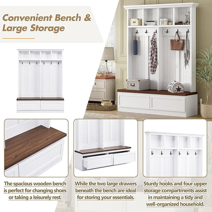 Merax Wood Hall Tree Entryway Bench with 6 Hooks, Farmhouse Mudroom Versatile Coat Racks with 2 Large Drawers Entrance Organizer for Hallway White