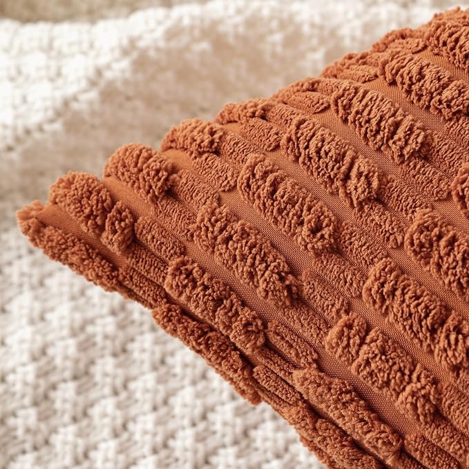 MIULEE Pack of 2 Dark Rust Corduroy Decorative Euro Sham Pillow Covers 24x24 Inch Soft Boho Striped Throw Pillow Covers Modern Farmhouse Home Decor for Summer Sofa Living Room Couch Bed