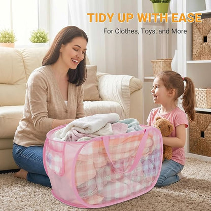 Sturdy Collapsible Laundry Baskets - Pop Up Laundry Hampers with Handy Pocket, Foldable Clothes Hamper with Reinforced Carry Handles for Bathroom, Kids Room, Dorm or Travel - Check Print, Pink