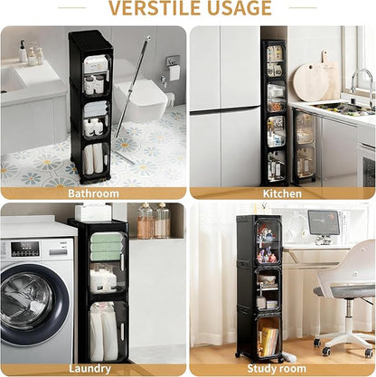 3-Tier Narrow Slim Bathroom Storage Cabinet with Wheels, Black | Tool Free Assembly, Adjustable shelves, Lockable Wheels, Magnetic Clear Door, Fits for Narrow Spaces