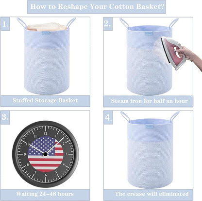 80L Extra Large Blue Laundry Hamper Basket, Tall Woven Hamper for Bedroom, Cotton Rope Laundry Basket for Clothes, 16x22 Inches