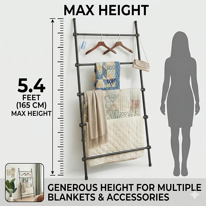 Blanket Ladder Black Expandable Width (17.3-32.3 inch) 5.4 Ft Tall 5 Rungs Metal Quilt Holder Rack Wall Leaning Strong Load Capacity, Modern Farmhouse Decor Easy Assembly for Living Room,Bedroom