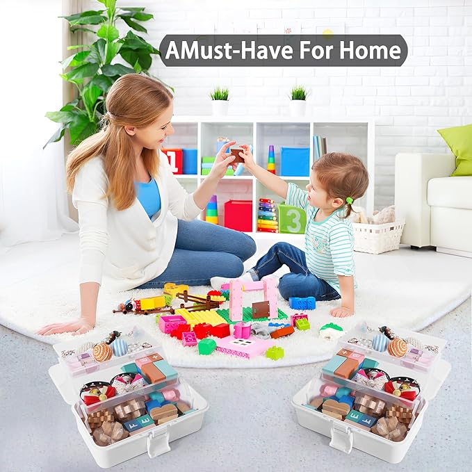 Flower River 11(in) Versatile Three-Layer Folding Organizer Box,Ideal for Art & Crafts,Toys,Sewing Supplies,Jewelry and Tools,Storage with Dual Trays,Elegant White