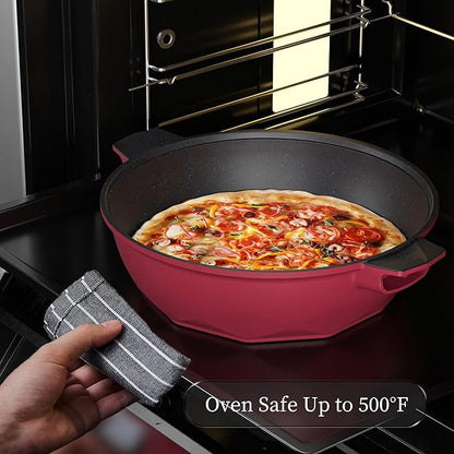TIBORANG 8 in 1 Multipurpose 11 Inch 5 Quart Heat Indicator Nonstick Deep Frying Pan with Glass Lid,Stay-cool Handle,Steamed Grid,PFOA-Free,Dishwasher&Oven Safe,Works with All Stovetops(Ruby Red)