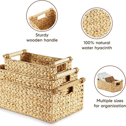 Greenatural Water Hyacinth Storage Baskets Set of 3, Handwoven Rectangular Organizer with Wooden Handles, 3 Different Sizes, Nested Wicker Bins for Shelf, Bathroom, Kitchen, Office, Natural Home Decor