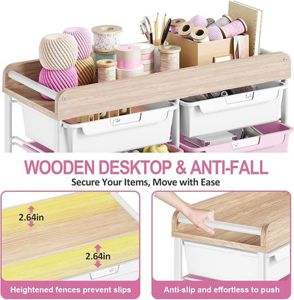 10 Drawers Rolling Cart with Wooden Tabletop, Utility Storage Cart with Wheels, Art Supply Craft Organizer on Wheel with Metal Frame & Handles for Home Office School,Pink