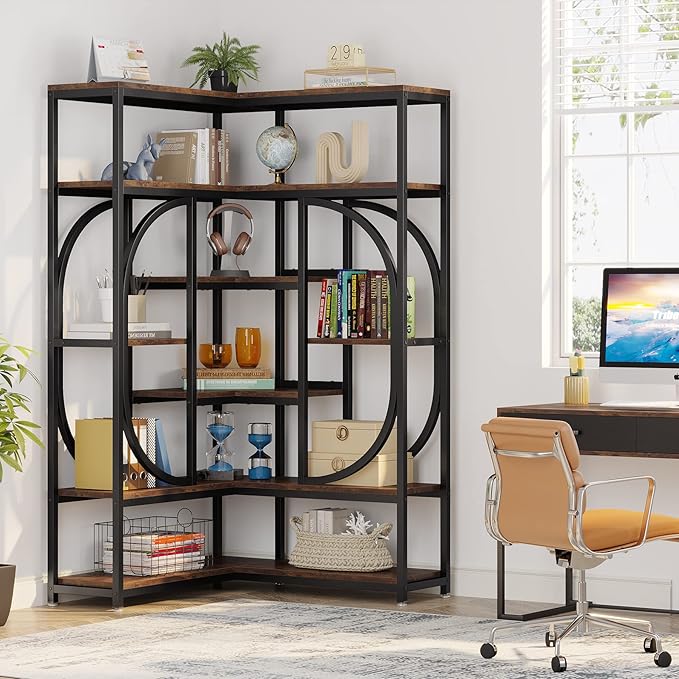 Tribesigns 7-Shelf Corner Bookshelf, Large Modern Corner Bookcase, Tall L-Shaped Corner Shelf Stand Display Rack with Storage, Metal Frame for Living Room Home Office (Rustic Brown)