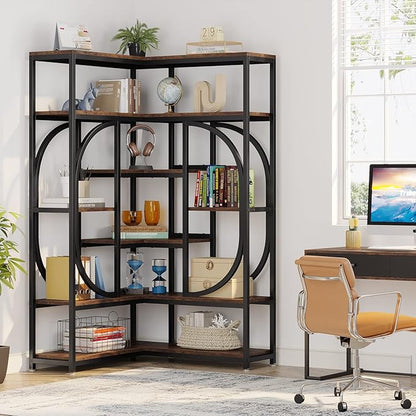 Tribesigns 7-Shelf Corner Bookshelf, Large Modern Corner Bookcase, Tall L-Shaped Corner Shelf Stand Display Rack with Storage, Metal Frame for Living Room Home Office (Rustic Brown)