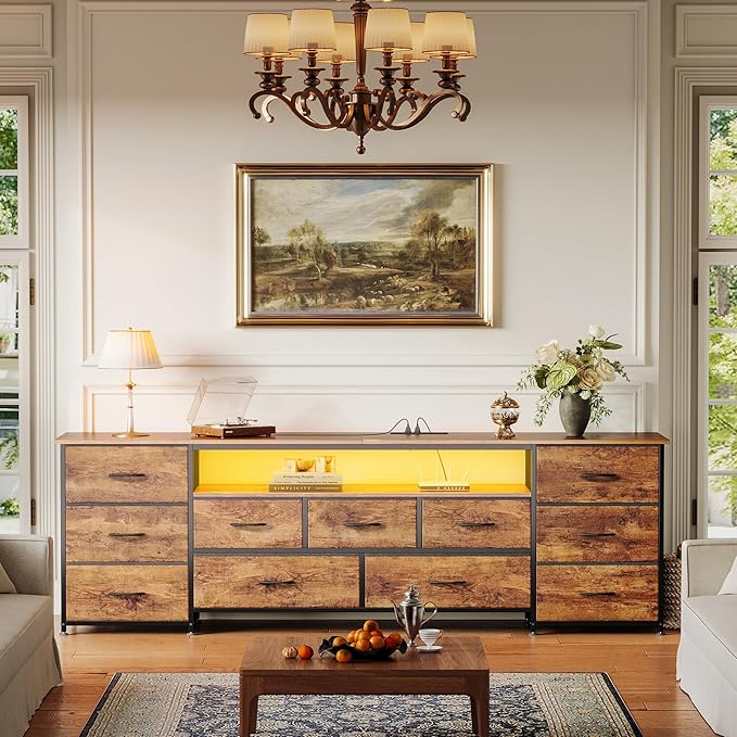 Huuger 70 Inch TV Stand for 75, 80 Inch TV, 11 Drawer Long Dresser with Power Outlets and LED Lights, Entertainment Center with Storage, Rustic Brown Dresser with Printed Surface