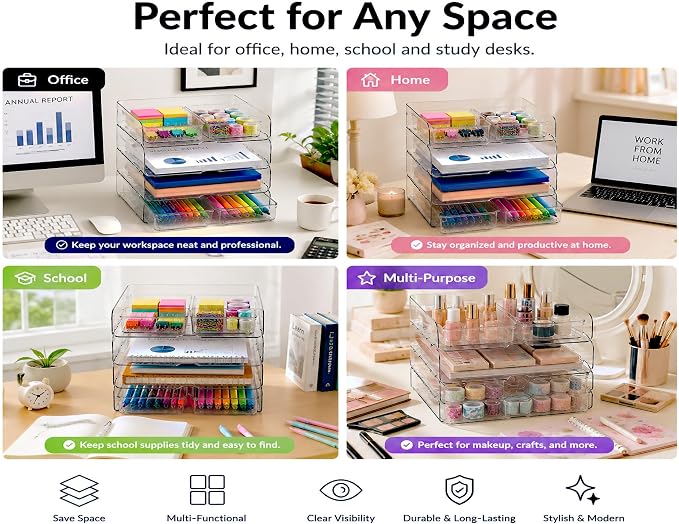 DCA 4 Tier Acrylic Desk Organizer with 4 Storage Bins, Clear Paper Tray Organizer for Letter Size Files, Office Desk Organization System for Documents, School Supplies & Accessories
