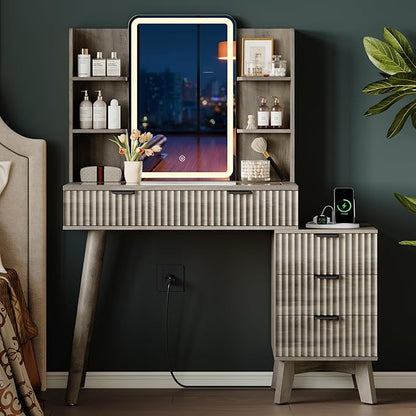 Fluted Vanity Desk with Mirror and Lights, 31.5" Glass Top Makeup Table Set with 5 Drawers, Power Outlet & Storage Cabinet, Large Dressing Table with RGB Ambient Light for Bedroom Women Girls, Grey