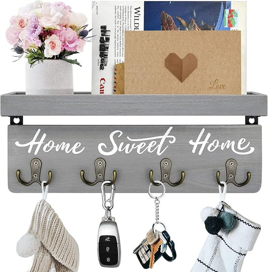 buways Key Holder Wall Mount with 4 Double Hooks-Solid Wood Wall-Mounted Organizer for Keys&Mail Rustic Key Rack Hanger Holder Home Decor for Entryway Living Room (Gray)