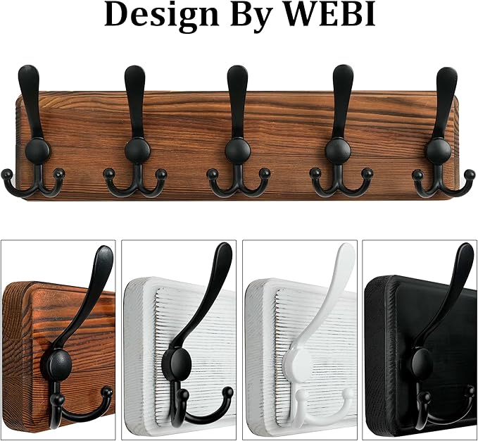 WEBI Rustic Coat Rack Wall Mount,Solid Wood Coat Hooks Wall Mounted Coat Hanger,16" Hole to Hole,Hook Rack Rail,5 Triple Hooks for Hanging Coats,Jacket,Clothes,Farmhouse,Brown