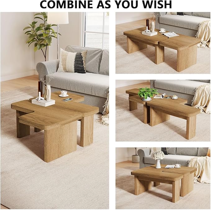 Farmhouse Coffee Table, 53-Inch Accent Center Table with Thicken Base, Multiple Layouts,Switch Between Square and Rectangular Table (Rustic Brown)