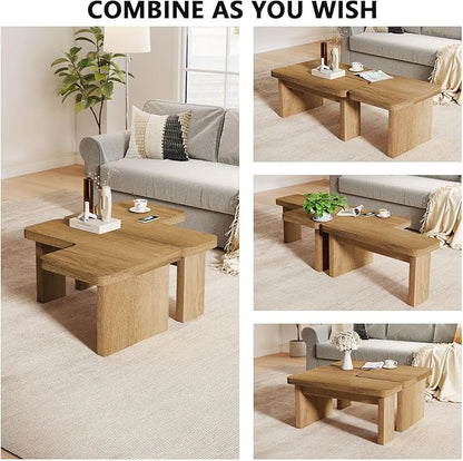 Farmhouse Coffee Table, 53-Inch Accent Center Table with Thicken Base, Multiple Layouts,Switch Between Square and Rectangular Table (Rustic Brown)