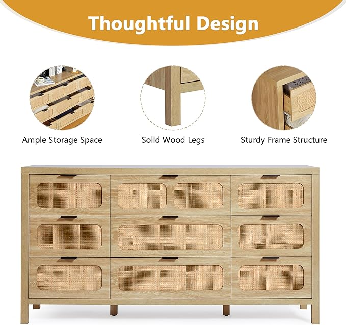 LEVNARY 9 Drawer Dresser for Bedroom, Rattan Dressers & Chest of Drawers, Large 58" Long Dressers Wooden Storage Organizer Dresser for Entryway, Living Room (Natural)