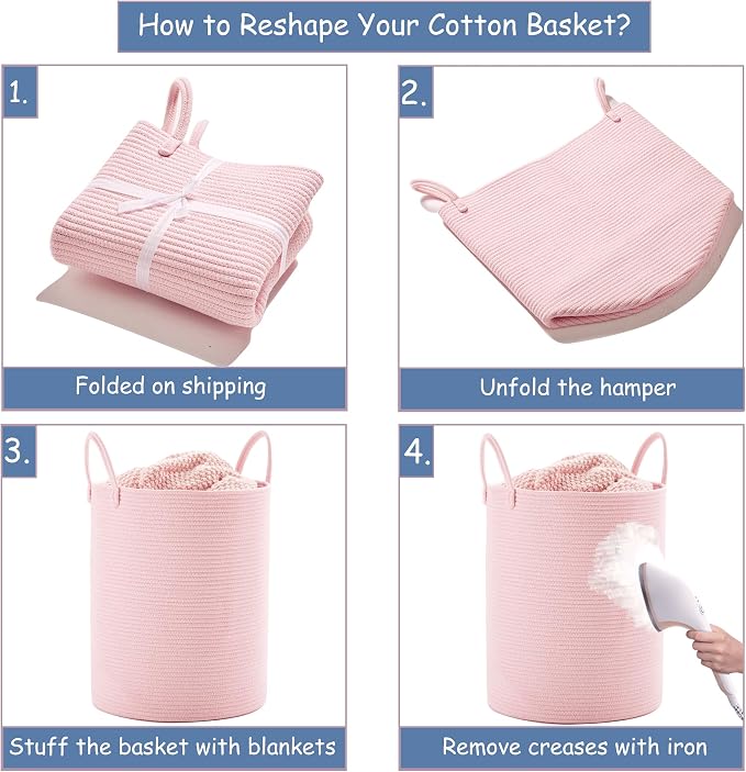 80L Extra Large Pink Hamper Laundry Basket for Baby Girls Tall Nursery Hamper for Kids Woven Rope Clothes Basket for Little Girls Room Bedroom Light Pink Kawaii 16"D x 22"H