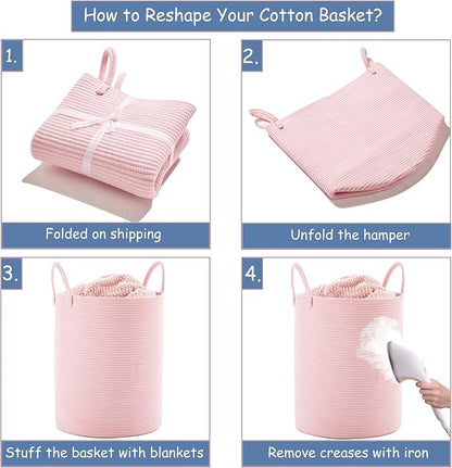 80L Extra Large Pink Hamper Laundry Basket for Baby Girls Tall Nursery Hamper for Kids Woven Rope Clothes Basket for Little Girls Room Bedroom Light Pink Kawaii 16"D x 22"H