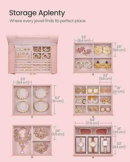 SONGMICS 6-Layer Jewelry Box Organizer with 5 Drawers, Jewelry Storage Case with Lock and Mirror, Large Storage Capacity, Gift for Loved Ones, for Necklaces, Watches, Jelly Pink UJBC152SA02S
