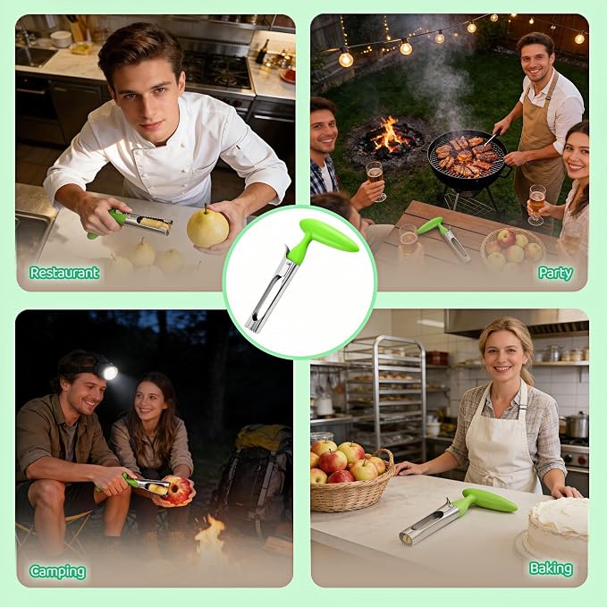 Premium Stainless Steel Apple Corer, Professional Fruit Core Remover Tool with Ergonomic Red Handle, Serrated Blades for Apples, Pears, Peaches, Plums, Easy Use & Clean (Green)