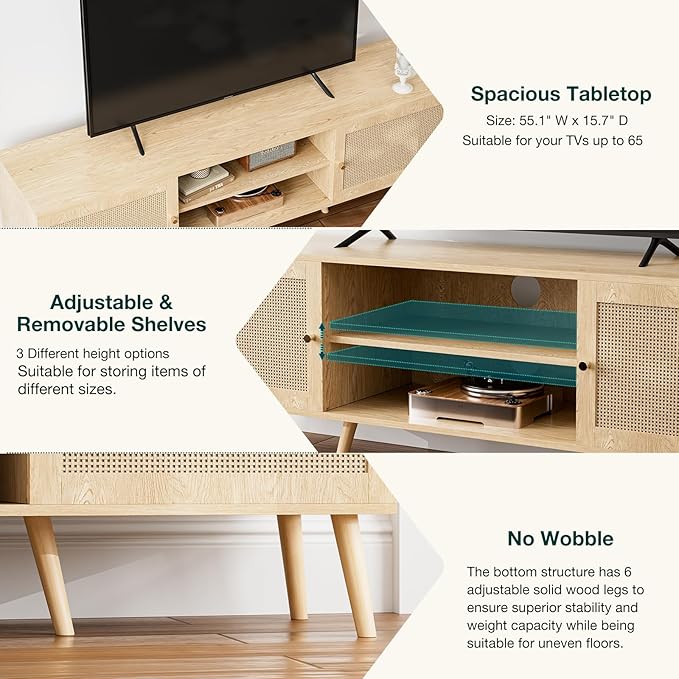 ZttRiee TV Stand for TVs up to 65'', Entertainment Center With Rattan Door, Shelves & 2 Cabinets, Long Boho Media Console for Living Room, Natural