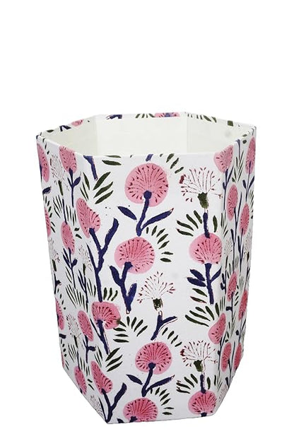 3.3 Gallon Cotton Hand Block Printed Paper Waste Basket |Small Decorative Trash Can for Housewarming Gifts in Living Room, Bedroom, Bathroom | Eco-Friendly, Plastic-Free (1, White Pink FLOWAR)