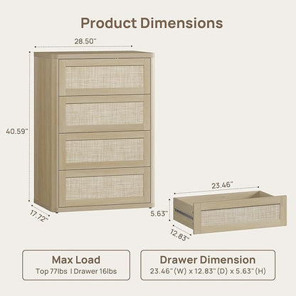 SICOTAS 4 Drawer Dresser for Bedroom-40.59'' Tall Rattan Bedroom Dressers with Oversized Drawers, Boho Wooden Chest of Drawers, Push-to-Open Storage Dresser for Closet, Nursery, Sand Oak, 3PCS