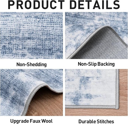 8x10 Area Rugs Washable Rug: Modern Abstract Living Room Rug Soft Anti-Skid Thin Carpet Indoor Floor Non-Shedding Carpets for Bedroom Dining Room Farmhouse Nursery Home Office Blue White