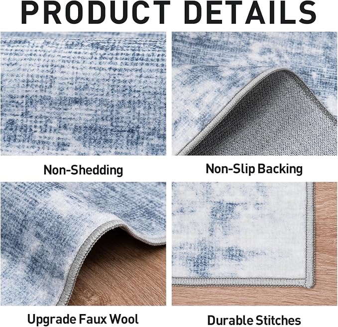 4x6 Area Rugs Washable Rug: Modern Abstract Living Room Rug Soft Anti-Skid Thin Carpet Indoor Floor Non-Shedding Carpets for Bedroom Dining Room Farmhouse Nursery Home Office - Blue White
