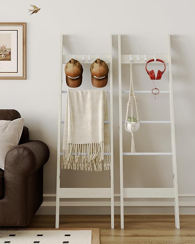 Hzuaneri Blanket Ladder Shelf for Living Room, Decorative Quilt Rack with 4 Removable Hooks, 5-Tier Farmhouse Ladder Holder Organizer for Bedroom, Rustic White BR02114W