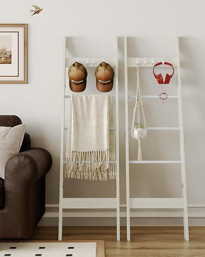 Hzuaneri Blanket Ladder Shelf for Living Room, Decorative Quilt Rack with 4 Removable Hooks, 5-Tier Farmhouse Ladder Holder Organizer for Bedroom, Rustic White BR02114W