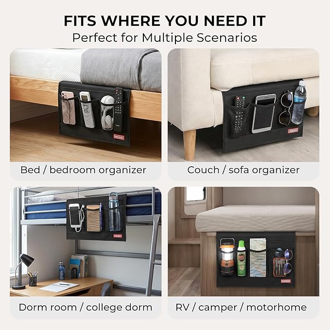 HAKACC Bedside Caddy, Remote Holder for Bed, Storage Organizer with Pockets for Bed, Sofa, Phones, Magazines, Tablets and Accessories, Black