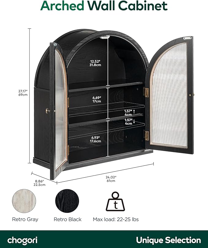 Chogori Arched Bathroom Wall Cabinet, 27x24x9 Inch Over The Toilet Storage Cabinet with Acrylic Doors & 3 Adjustable Shelves, Wall Mounted Cabinet for Bathroom, Kitchen, Laundry Room, 2PCS, Black