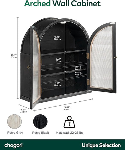 Chogori Arched Bathroom Wall Cabinet, 27x24x9 Inch Over The Toilet Storage Cabinet with Acrylic Doors & 3 Adjustable Shelves, Wall Mounted Cabinet for Bathroom, Kitchen, Laundry Room, 2PCS, Black