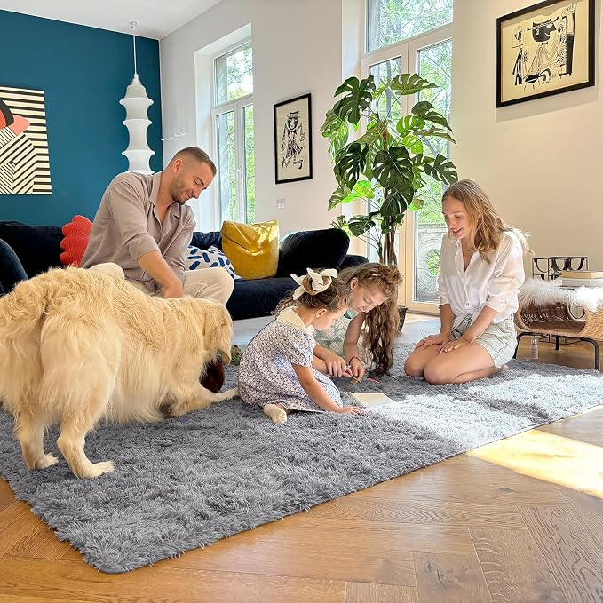 OLANLY 8x12 Machine Washable Large Area Rugs for Living Room, Bedroom, Soft Fluffy Shaggy Bedside Rug, Indoor Floor Carpet for Kids Girls and Boys, Dorms, Nursery, Home Decor Aesthetic, Light Grey