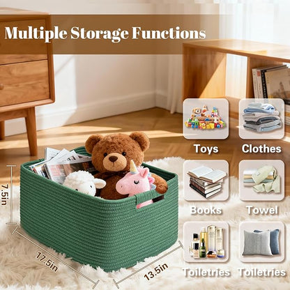 4 Pack Large Storage Basket for Organizing, 17.5"x13.5"x7.5" Woven Basket for Shelves, Closet Cube Storage Bins with Wrapped Handle, Cotton Rope Baskets for Kitchen, Clothes, Toys(Green)